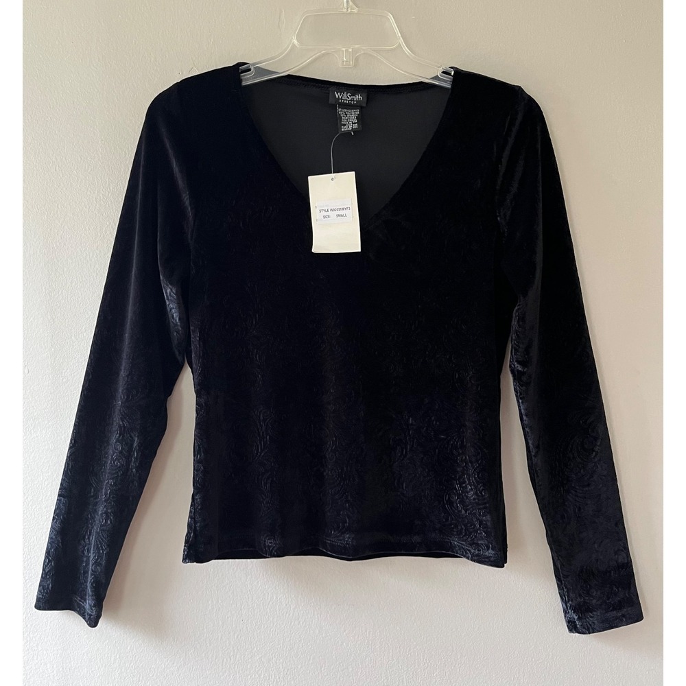 Willi‎ Smith Sz S Black Velvet V Neck Long Sleeve Pullover Blouse Top.